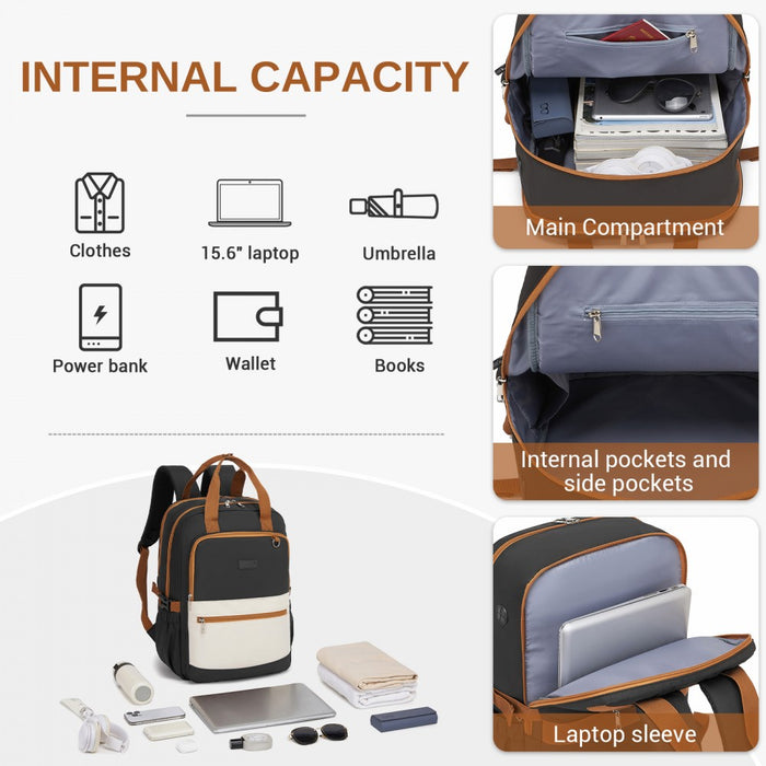 BPK2527 - Kono Functional Water-Resistant Laptop Backpack, Trendy Design with Padded Sleeve and Multiple Practical Compartments - Black and Beige