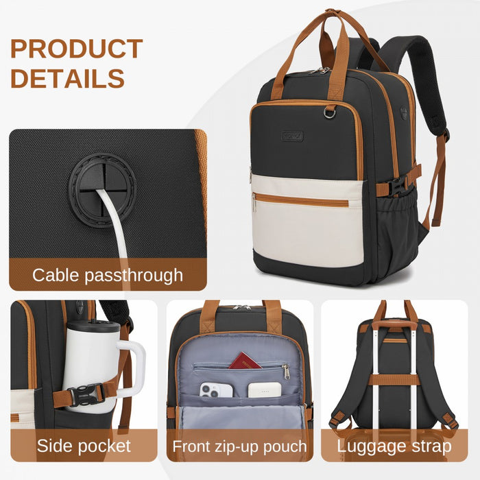 BPK2527 - Kono Functional Water-Resistant Laptop Backpack, Trendy Design with Padded Sleeve and Multiple Practical Compartments - Black and Beige