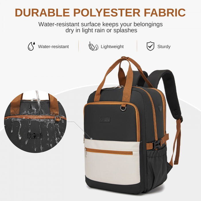 BPK2527 - Kono Functional Water-Resistant Laptop Backpack, Trendy Design with Padded Sleeve and Multiple Practical Compartments - Black and Beige