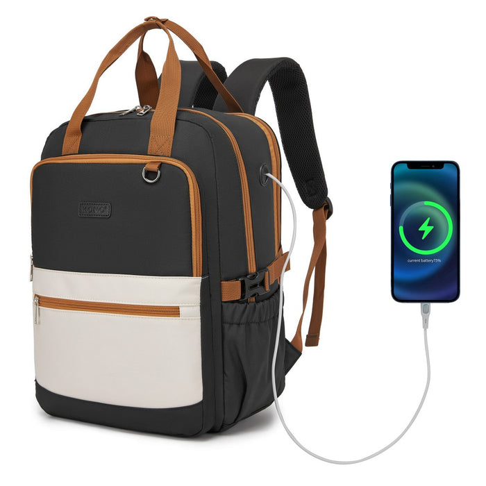 BPK2527 - Kono Functional Water-Resistant Laptop Backpack, Trendy Design with Padded Sleeve and Multiple Practical Compartments - Black and Beige