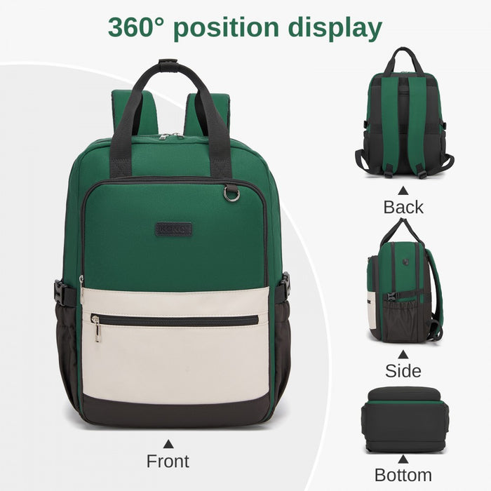 BPK2527 - Kono Functional Water-Resistant Laptop Backpack, Trendy Design with Padded Sleeve and Multiple Practical Compartments - Green and Beige