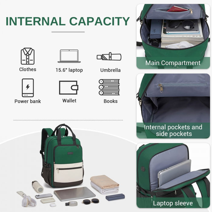 BPK2527 - Kono Functional Water-Resistant Laptop Backpack, Trendy Design with Padded Sleeve and Multiple Practical Compartments - Green and Beige