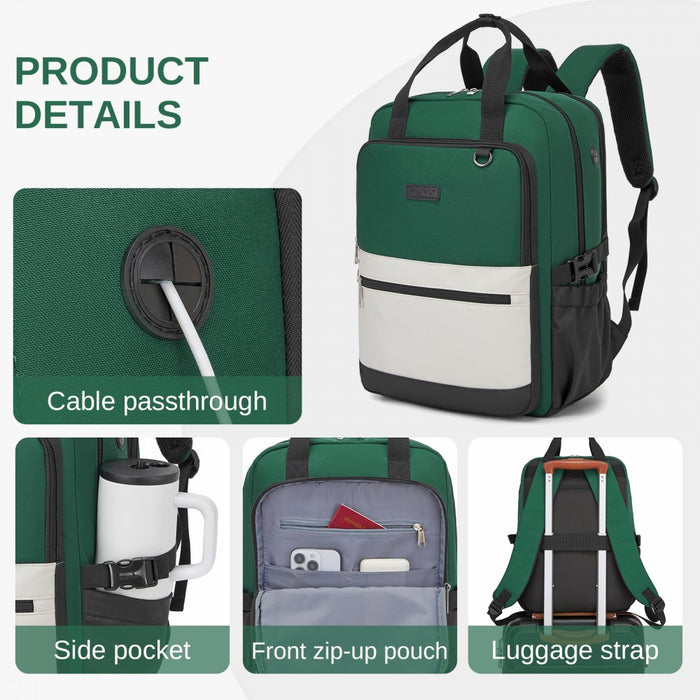 BPK2527 - Kono Functional Water-Resistant Laptop Backpack, Trendy Design with Padded Sleeve and Multiple Practical Compartments - Green and Beige
