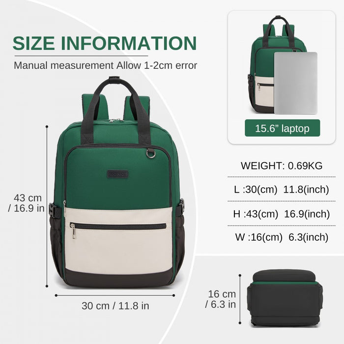 BPK2527 - Kono Functional Water-Resistant Laptop Backpack, Trendy Design with Padded Sleeve and Multiple Practical Compartments - Green and Beige