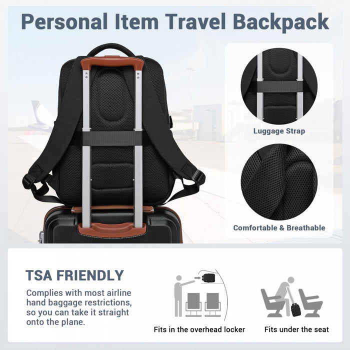 BPK2529 - Kono Compact 15.6" Laptop Travel Backpack - 40x30x20cm, Fits Under Seat Storage, with Trolley Sleeve - Black