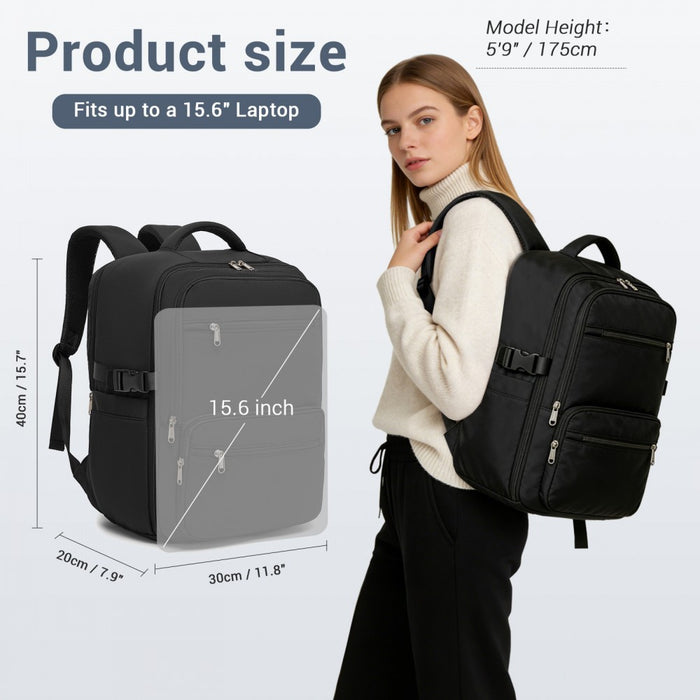 BPK2529 - Kono Compact 15.6" Laptop Travel Backpack - 40x30x20cm, Fits Under Seat Storage, with Trolley Sleeve - Black
