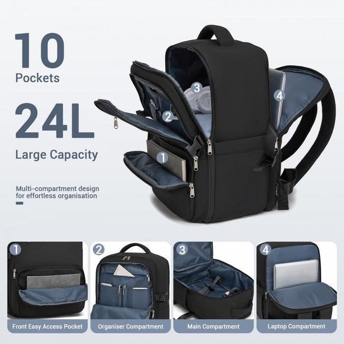 BPK2529 - Kono Compact 15.6" Laptop Travel Backpack - 40x30x20cm, Fits Under Seat Storage, with Trolley Sleeve - Black