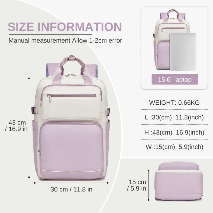 BPK2530 - Kono Spacious Water-Resistant Laptop Backpack for Travel & Commuting - 15.6" Padded Laptop Compartment, Reflective Strip - Beige and Purple