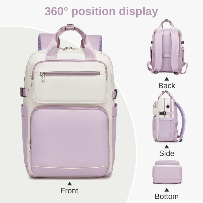 BPK2530 - Kono Spacious Water-Resistant Laptop Backpack for Travel & Commuting - 15.6" Padded Laptop Compartment, Reflective Strip - Beige and Purple