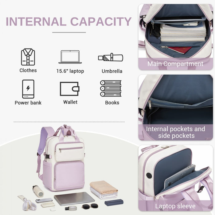 BPK2530 - Kono Spacious Water-Resistant Laptop Backpack for Travel & Commuting - 15.6" Padded Laptop Compartment, Reflective Strip - Beige and Purple