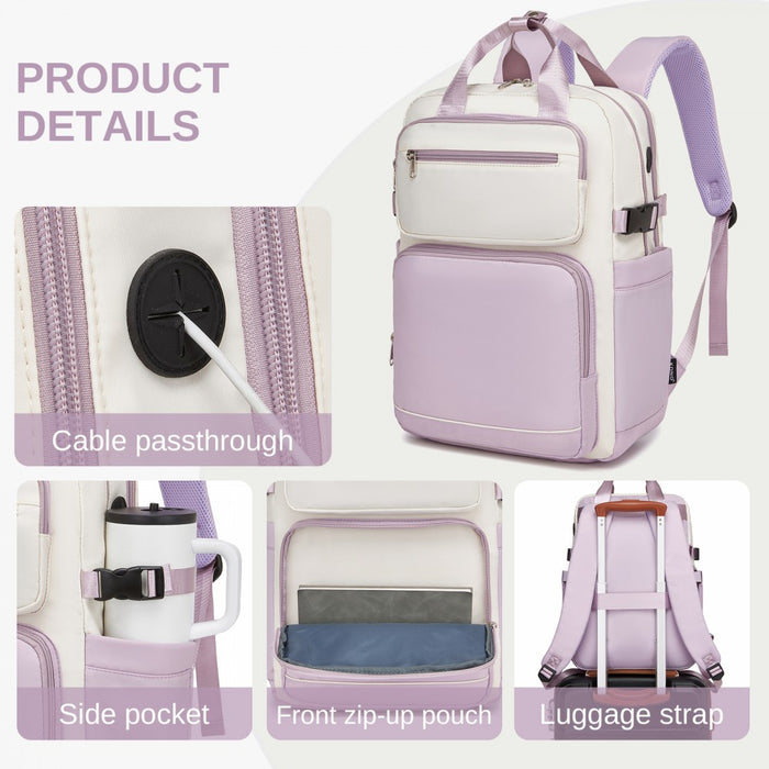 BPK2530 - Kono Spacious Water-Resistant Laptop Backpack for Travel & Commuting - 15.6" Padded Laptop Compartment, Reflective Strip - Beige and Purple