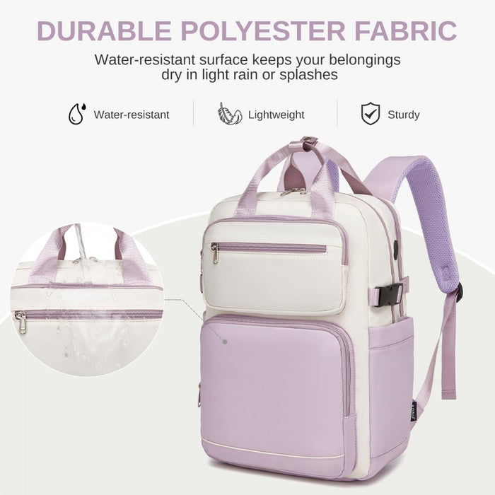 BPK2530 - Kono Spacious Water-Resistant Laptop Backpack for Travel & Commuting - 15.6" Padded Laptop Compartment, Reflective Strip - Beige and Purple