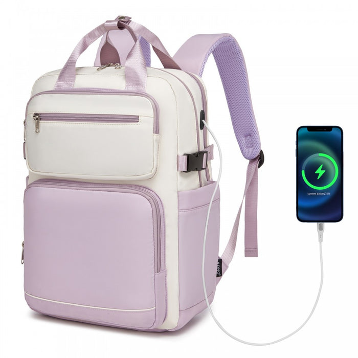BPK2530 - Kono Spacious Water-Resistant Laptop Backpack for Travel & Commuting - 15.6" Padded Laptop Compartment, Reflective Strip - Beige and Purple