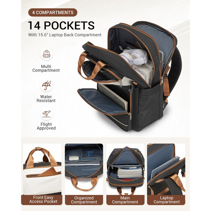 BPK2530 - Kono Spacious Water-Resistant Laptop Backpack for Travel & Commuting - 15.6" Padded Laptop Compartment, Reflective Strip - Black and Beige