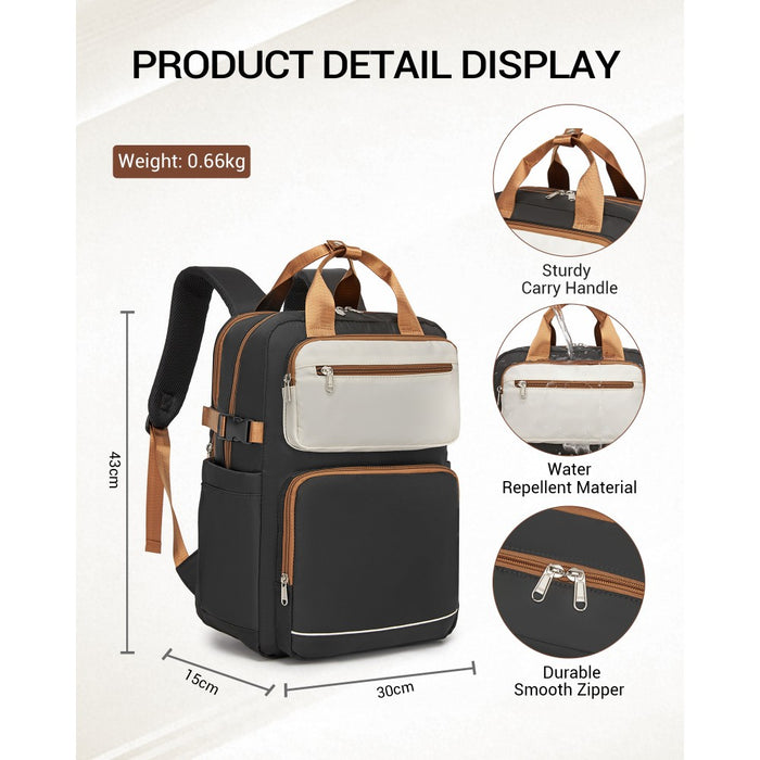 BPK2530 - Kono Spacious Water-Resistant Laptop Backpack for Travel & Commuting - 15.6" Padded Laptop Compartment, Reflective Strip - Black and Beige