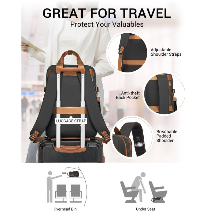 BPK2530 - Kono Spacious Water-Resistant Laptop Backpack for Travel & Commuting - 15.6" Padded Laptop Compartment, Reflective Strip - Black and Beige