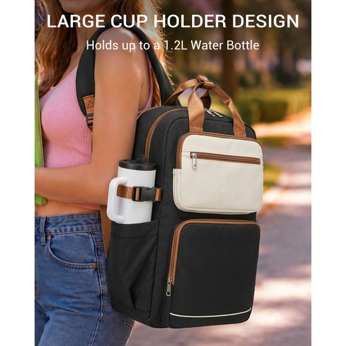 BPK2530 - Kono Spacious Water-Resistant Laptop Backpack for Travel & Commuting - 15.6" Padded Laptop Compartment, Reflective Strip - Black and Beige