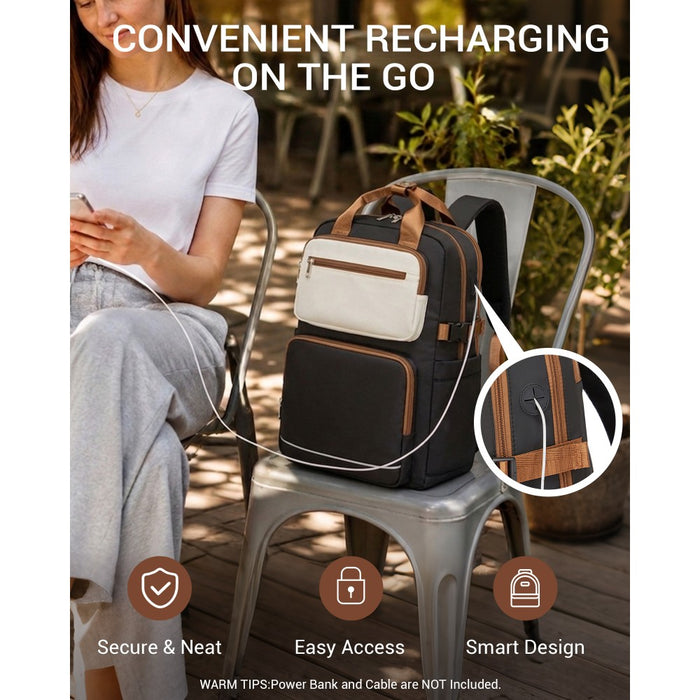 BPK2530 - Kono Spacious Water-Resistant Laptop Backpack for Travel & Commuting - 15.6" Padded Laptop Compartment, Reflective Strip - Black and Beige