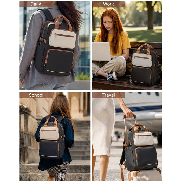 BPK2530 - Kono Spacious Water-Resistant Laptop Backpack for Travel & Commuting - 15.6" Padded Laptop Compartment, Reflective Strip - Black and Beige