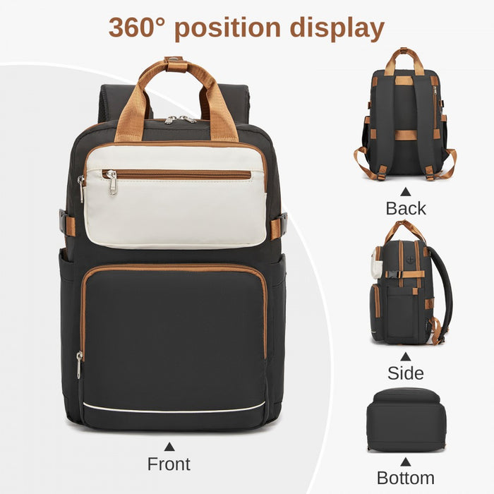 BPK2530 - Kono Spacious Water-Resistant Laptop Backpack for Travel & Commuting - 15.6" Padded Laptop Compartment, Reflective Strip - Black and Beige