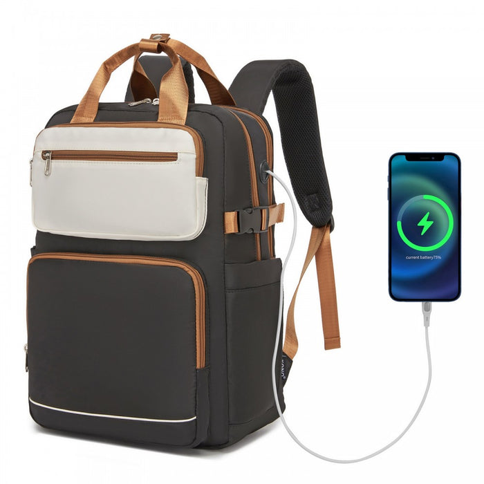 BPK2530 - Kono Spacious Water-Resistant Laptop Backpack for Travel & Commuting - 15.6" Padded Laptop Compartment, Reflective Strip - Black and Beige