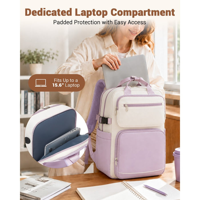 BPK2530 - Kono Spacious Water-Resistant Laptop Backpack for Travel & Commuting - 15.6" Padded Laptop Compartment, Reflective Strip - Beige and Purple