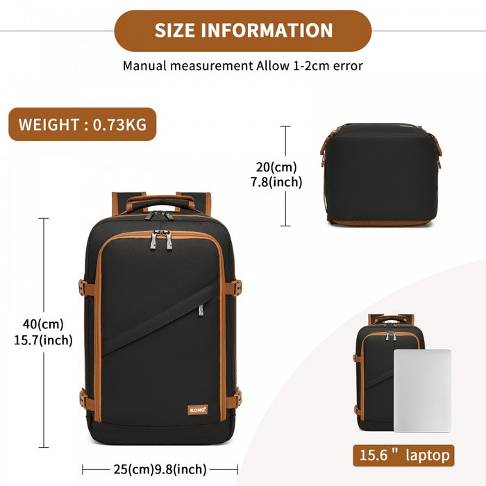 BPK2551 - Kono Flexible Cabin Backpack 30×20×40-Fits 15.6" Laptop, Clamshell Access-Great for Holidays, Work Trips & Commuting - Black and Brown