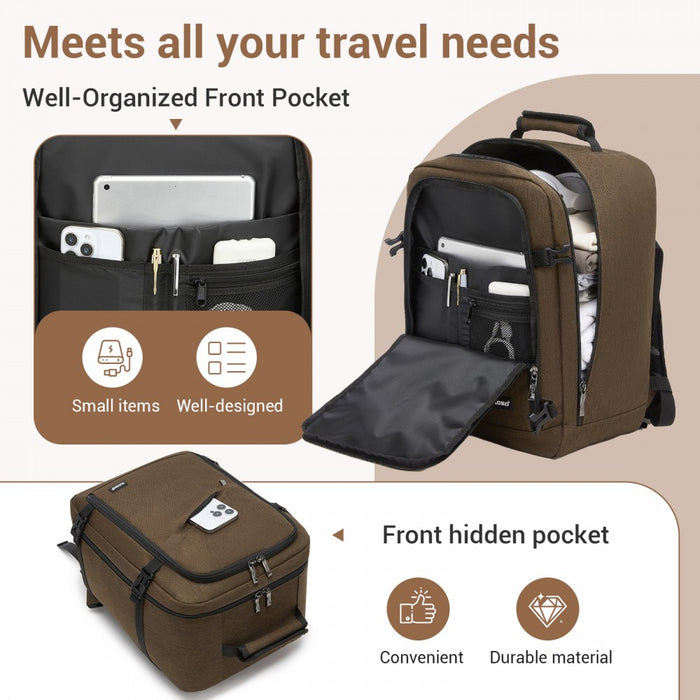 BPK2551 - Kono Flexible Cabin Backpack 30×20×40-Fits 15.6" Laptop, Clamshell Access-Great for Holidays, Work Trips & Commuting - Brown