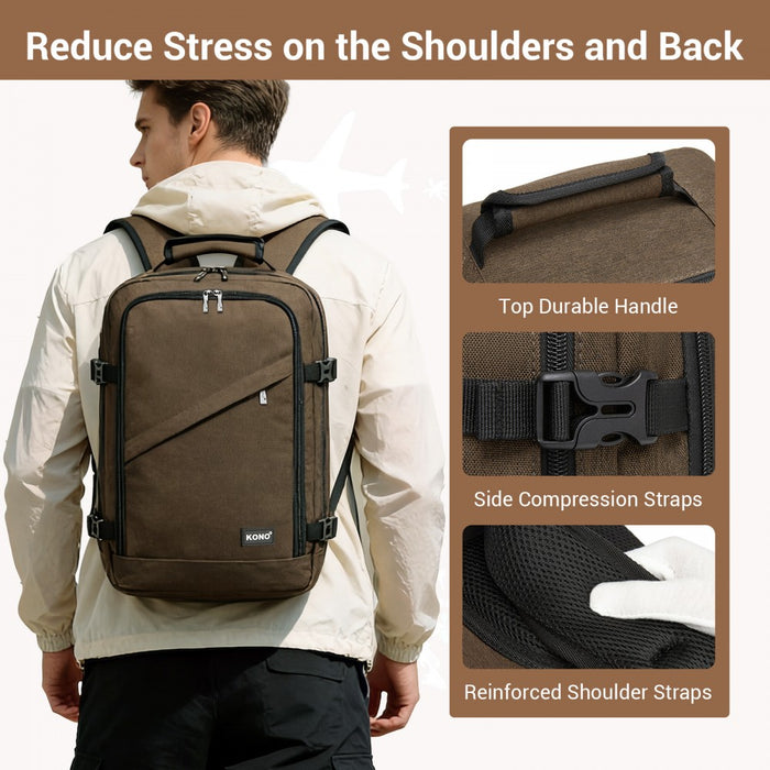 BPK2551 - Kono Flexible Cabin Backpack 30×20×40-Fits 15.6" Laptop, Clamshell Access-Great for Holidays, Work Trips & Commuting - Brown