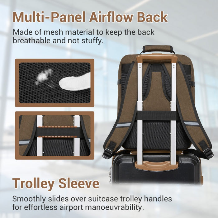 BPK2551 - Kono Flexible Cabin Backpack 30×20×40-Fits 15.6" Laptop, Clamshell Access-Great for Holidays, Work Trips & Commuting - Brown