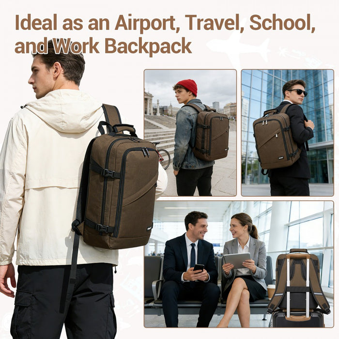 BPK2551 - Kono Flexible Cabin Backpack 30×20×40-Fits 15.6" Laptop, Clamshell Access-Great for Holidays, Work Trips & Commuting - Brown
