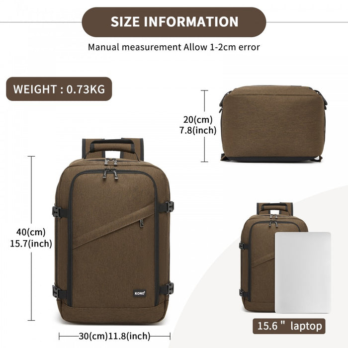 BPK2551 - Kono Flexible Cabin Backpack 30×20×40-Fits 15.6" Laptop, Clamshell Access-Great for Holidays, Work Trips & Commuting - Brown