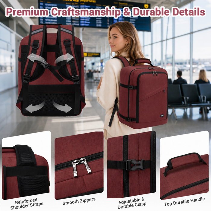 BPK2551 - Kono Flexible Cabin Backpack 30×20×40-Fits 15.6" Laptop, Clamshell Access-Great for Holidays, Work Trips & Commuting - Burgundy
