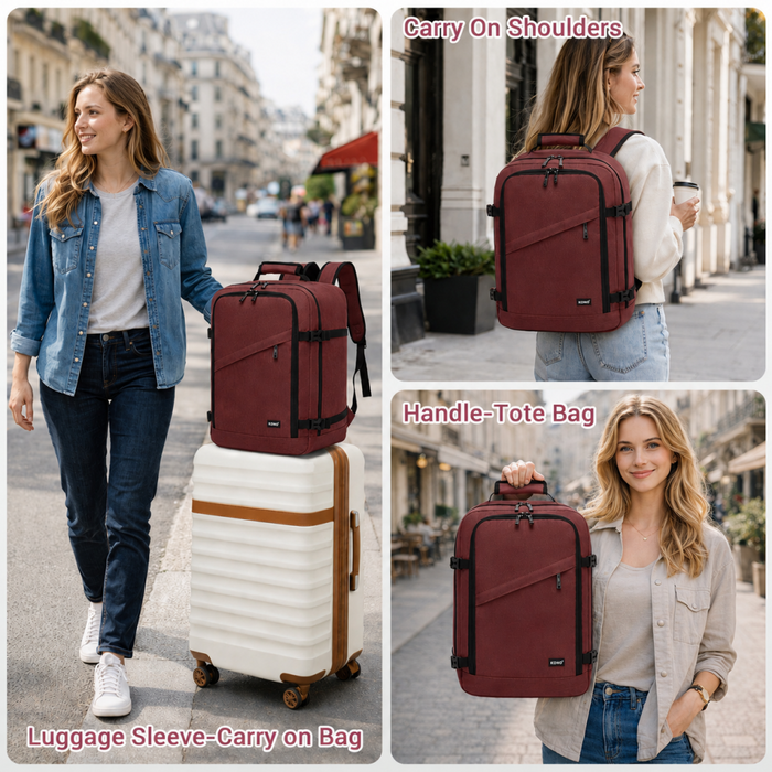 BPK2551 - Kono Flexible Cabin Backpack 30×20×40-Fits 15.6" Laptop, Clamshell Access-Great for Holidays, Work Trips & Commuting - Burgundy