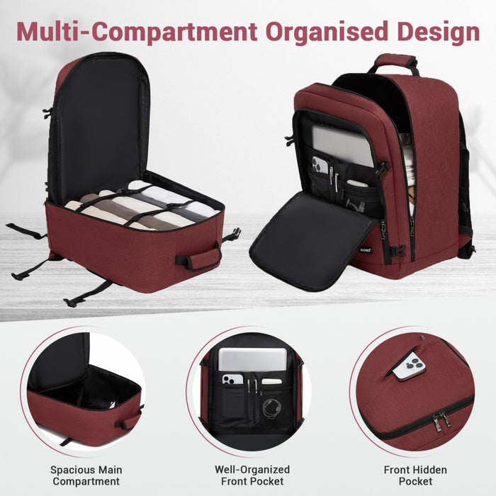 BPK2551 - Kono Flexible Cabin Backpack 30×20×40-Fits 15.6" Laptop, Clamshell Access-Great for Holidays, Work Trips & Commuting - Burgundy