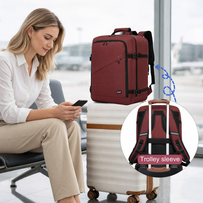 BPK2551 - Kono Flexible Cabin Backpack 30×20×40-Fits 15.6" Laptop, Clamshell Access-Great for Holidays, Work Trips & Commuting - Burgundy