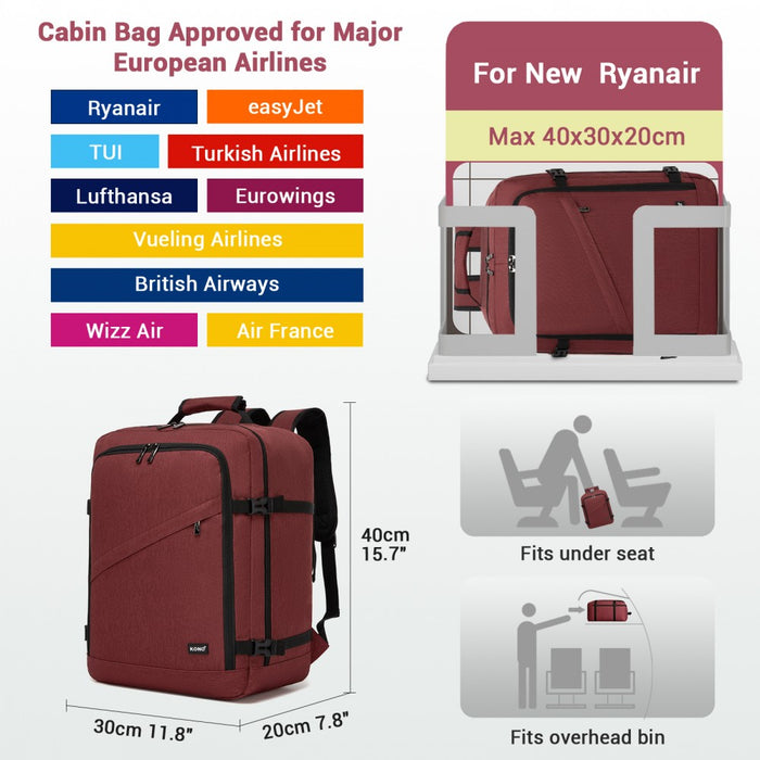 BPK2551 - Kono Flexible Cabin Backpack 30×20×40-Fits 15.6" Laptop, Clamshell Access-Great for Holidays, Work Trips & Commuting - Burgundy