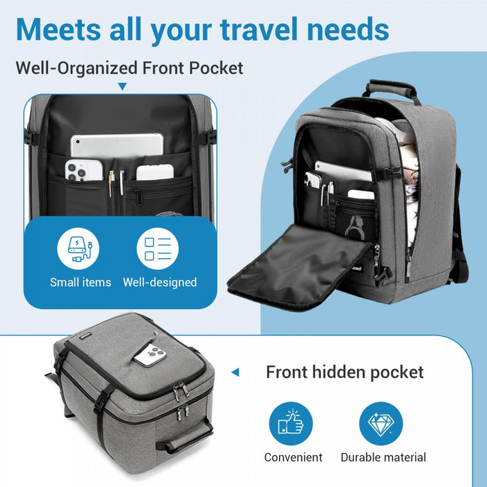 BPK2551 - Kono Flexible Cabin Backpack 30×20×40-Fits 15.6" Laptop, Clamshell Access-Great for Holidays, Work Trips & Commuting - Grey