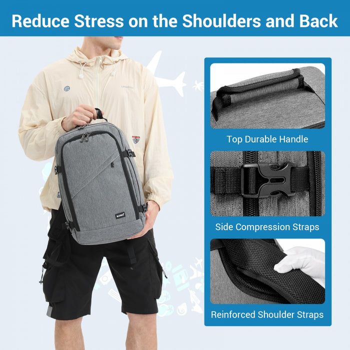 BPK2551 - Kono Flexible Cabin Backpack 30×20×40-Fits 15.6" Laptop, Clamshell Access-Great for Holidays, Work Trips & Commuting - Grey