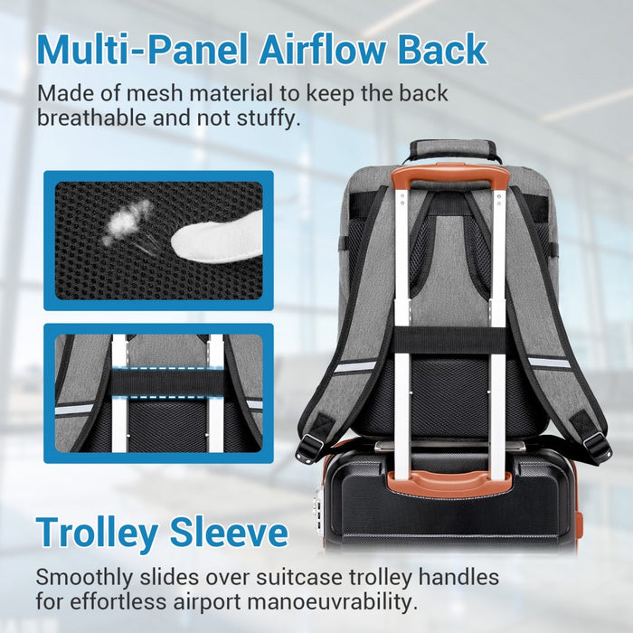 BPK2551 - Kono Flexible Cabin Backpack 30×20×40-Fits 15.6" Laptop, Clamshell Access-Great for Holidays, Work Trips & Commuting - Grey