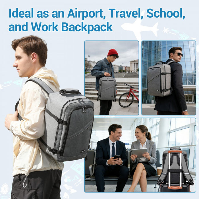 BPK2551 - Kono Flexible Cabin Backpack 30×20×40-Fits 15.6" Laptop, Clamshell Access-Great for Holidays, Work Trips & Commuting - Grey