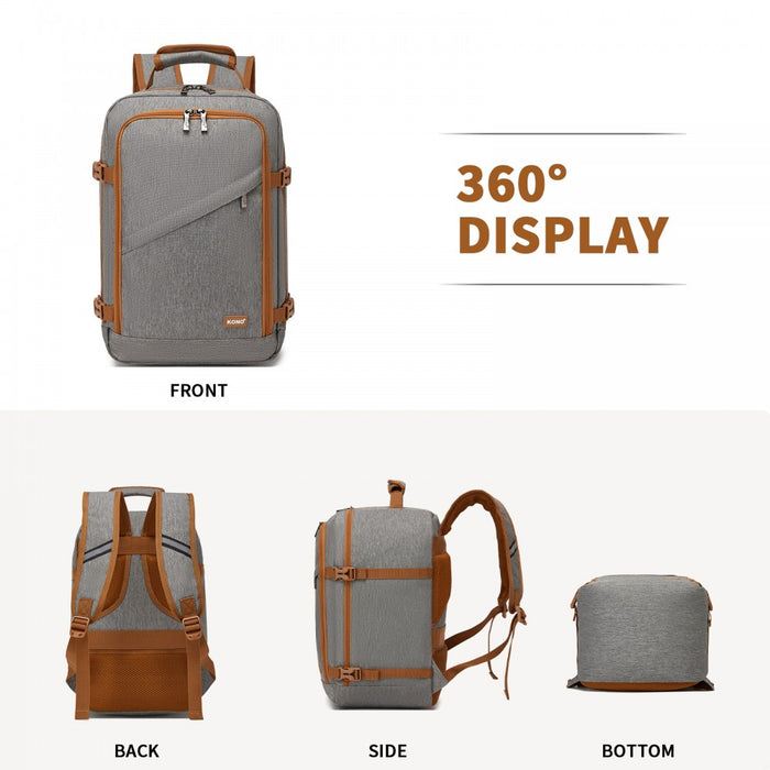 BPK2551 - Kono Flexible Cabin Backpack 30×20×40-Fits 15.6" Laptop, Clamshell Access-Great for Holidays, Work Trips & Commuting - Grey and Brown