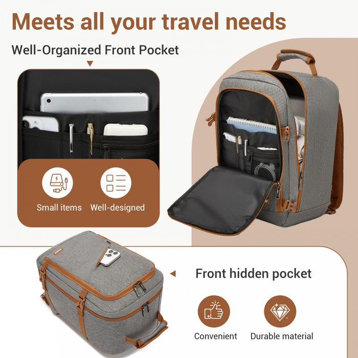 BPK2551 - Kono Flexible Cabin Backpack 30×20×40-Fits 15.6" Laptop, Clamshell Access-Great for Holidays, Work Trips & Commuting - Grey and Brown