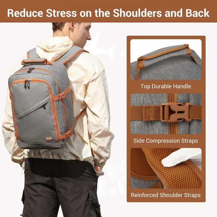 BPK2551 - Kono Flexible Cabin Backpack 30×20×40-Fits 15.6" Laptop, Clamshell Access-Great for Holidays, Work Trips & Commuting - Grey and Brown