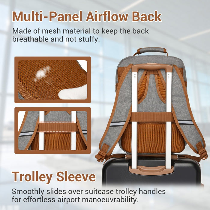 BPK2551 - Kono Flexible Cabin Backpack 30×20×40-Fits 15.6" Laptop, Clamshell Access-Great for Holidays, Work Trips & Commuting - Grey and Brown