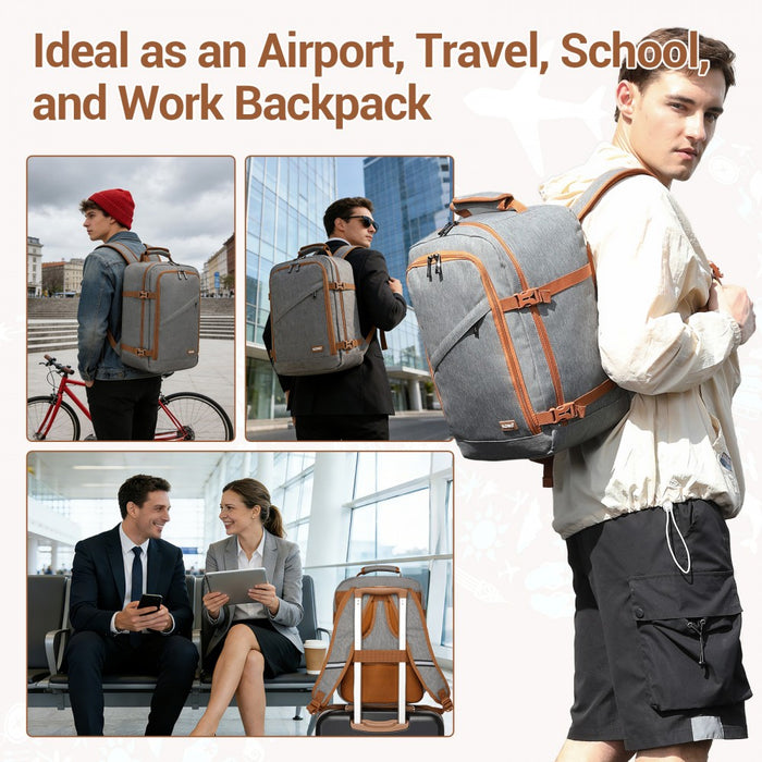 BPK2551 - Kono Flexible Cabin Backpack 30×20×40-Fits 15.6" Laptop, Clamshell Access-Great for Holidays, Work Trips & Commuting - Grey and Brown