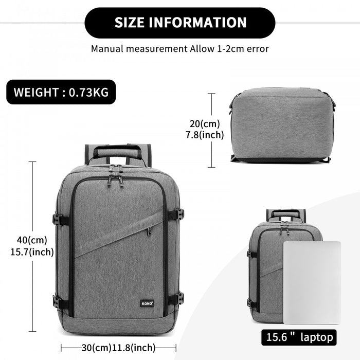 BPK2551 - Kono Flexible Cabin Backpack 30×20×40-Fits 15.6" Laptop, Clamshell Access-Great for Holidays, Work Trips & Commuting - Grey