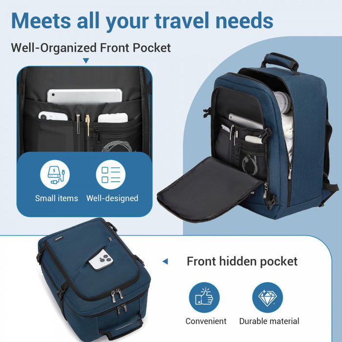 BPK2551 - Kono Flexible Cabin Backpack 30×20×40-Fits 15.6" Laptop, Clamshell Access-Great for Holidays, Work Trips & Commuting - Navy