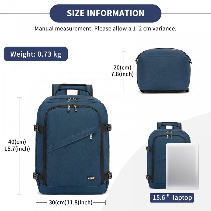 BPK2551 - Kono Flexible Cabin Backpack 30×20×40-Fits 15.6" Laptop, Clamshell Access-Great for Holidays, Work Trips & Commuting - Navy