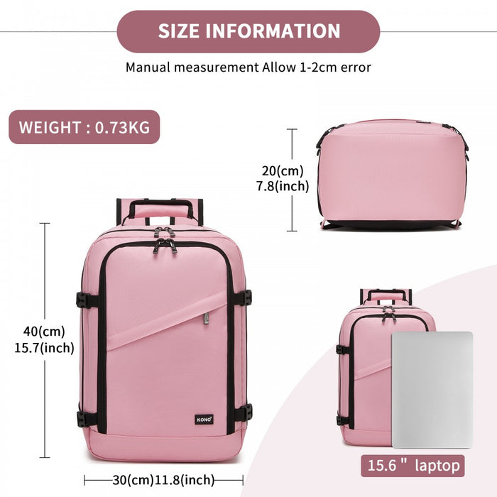 BPK2551 - Kono Flexible Cabin Backpack 30×20×40-Fits 15.6" Laptop, Clamshell Access-Great for Holidays, Work Trips & Commuting - Pink
